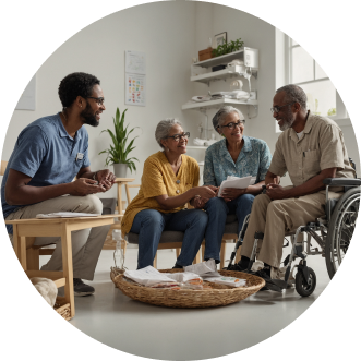 Support worker spending time with older adults in a comfortable living room